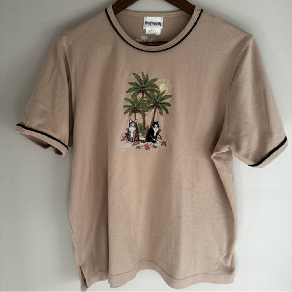 Vintage BonWorth Beige Embroidery Cat & Palm Beachy Top Boho Women’s Medium